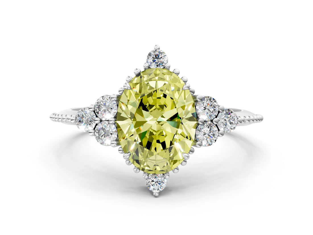 White gold Fancy Yellow Oval Cut Brilliant Diamond with Cluster Setting on a Beaded Band and Four-Prong Setting_24