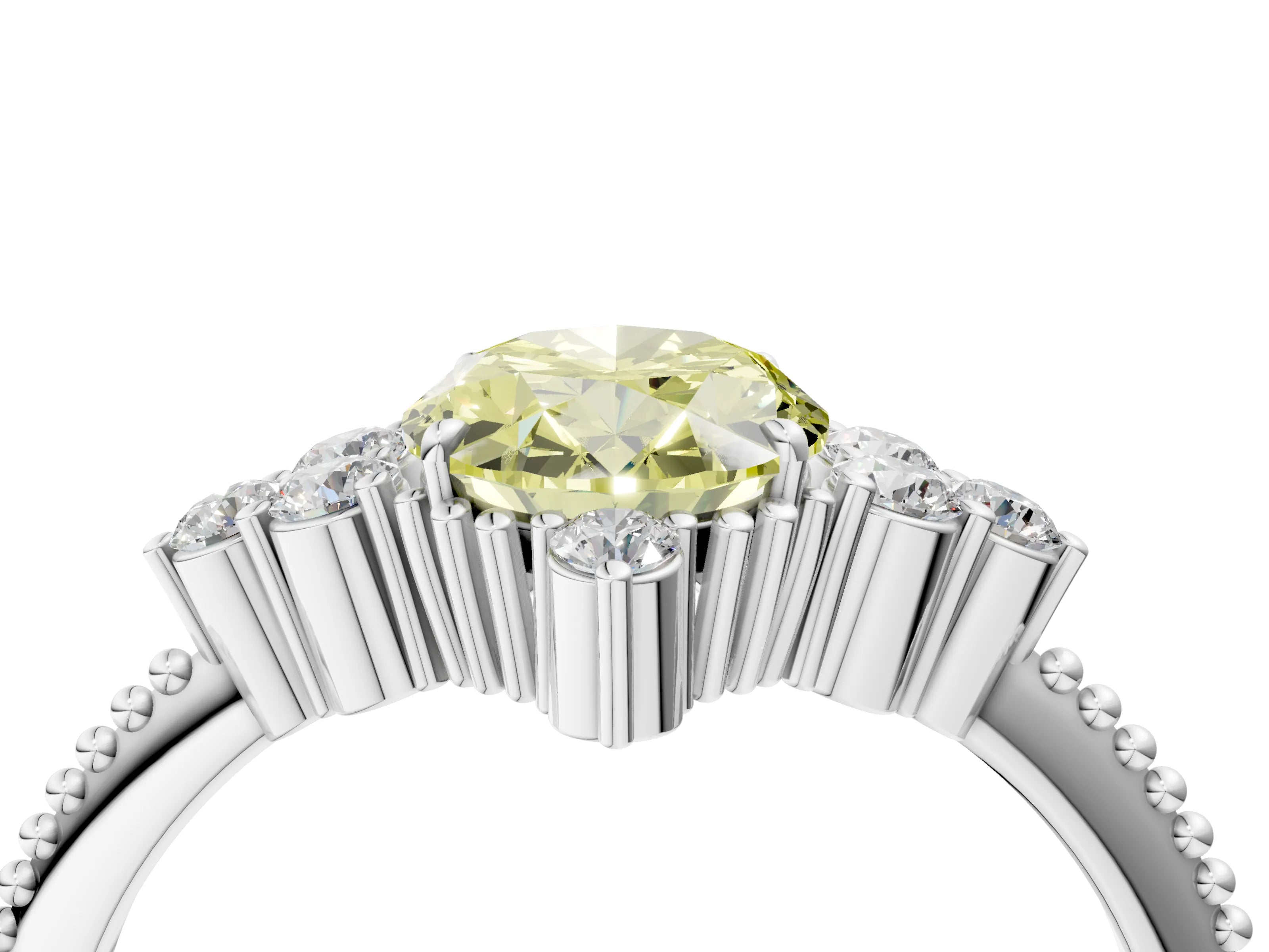 White gold Fancy Yellow Oval Cut Brilliant Diamond with Cluster Setting on a Beaded Band and Four-Prong Setting_4