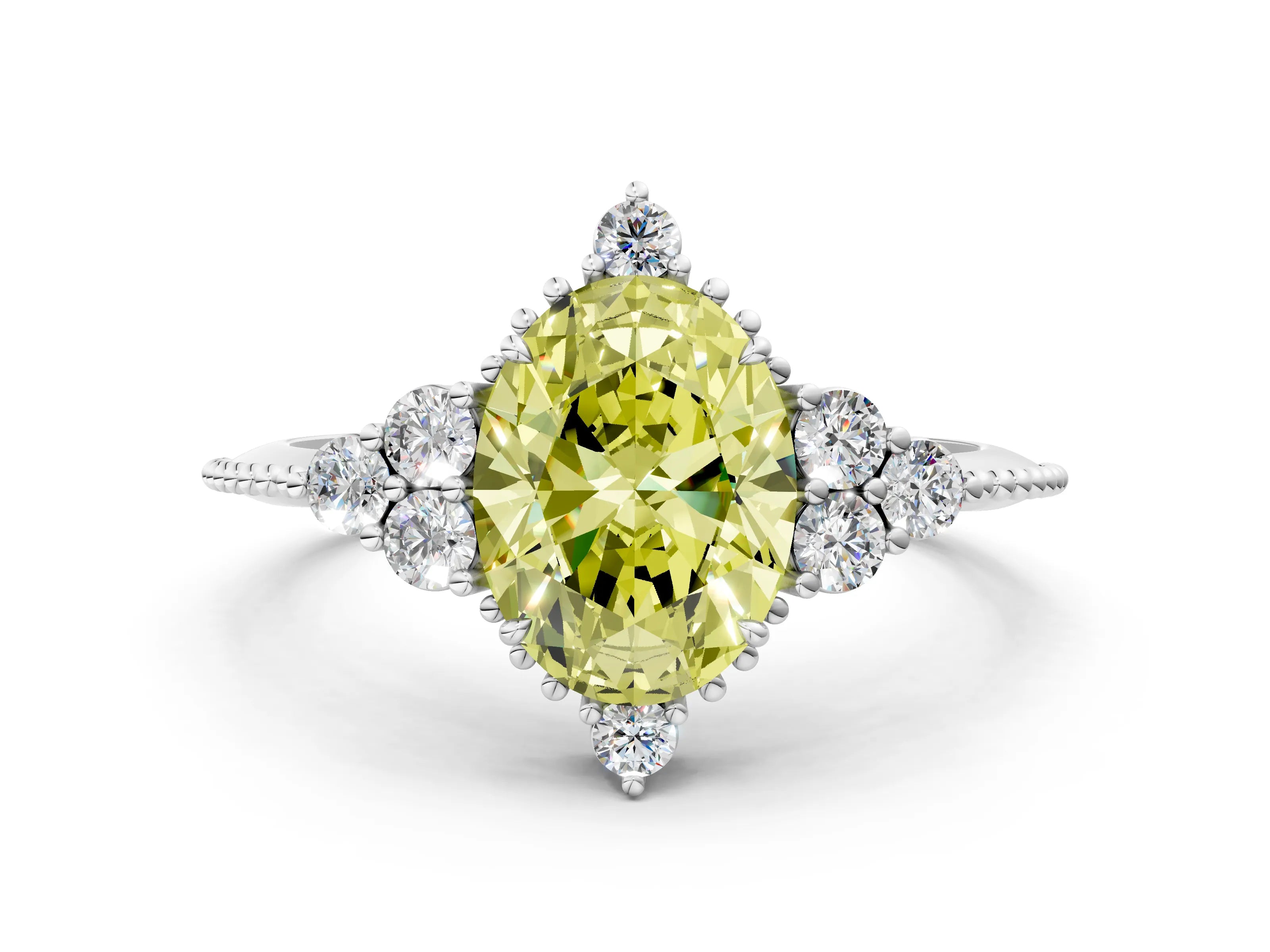 White gold Fancy Yellow Oval Cut Brilliant Diamond with Cluster Setting on a Beaded Band and Four-Prong Setting