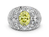 White gold Fancy Yellow Oval Cut Brilliant Halo Pave Diamond Milgrain Ring