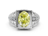 White gold Fancy Yellow Oval Cut Brilliant Milgrain Filigree Diamond Ring with Square Prong Setting
