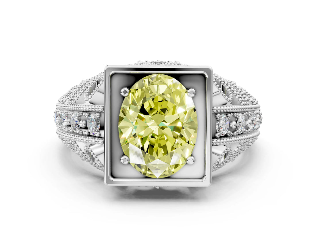 White gold Fancy Yellow Oval Cut Brilliant Milgrain Filigree Diamond Ring with Square Prong Setting