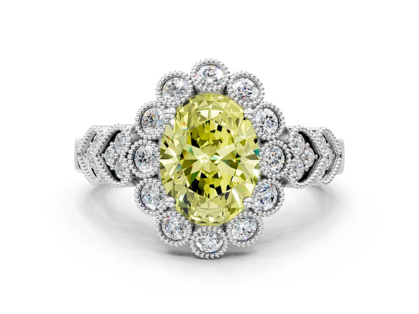 Platinum Fancy Yellow Oval Cut Brilliant Milgrain Pave Heart Band Solitaire Ring