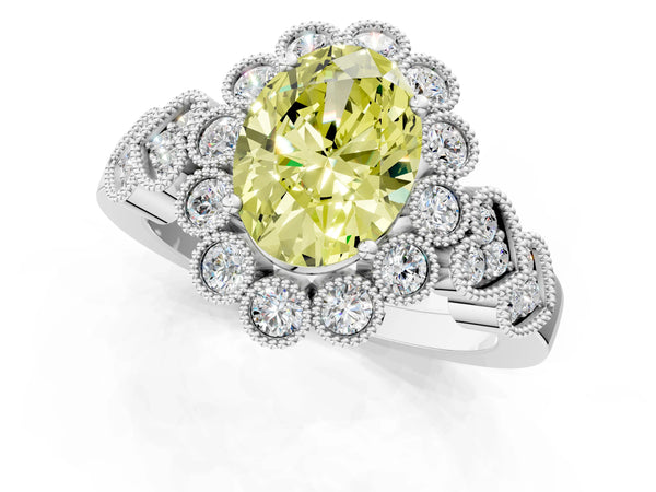 Platinum Fancy Yellow Oval Cut Brilliant Milgrain Pave Heart Band Solitaire Ring