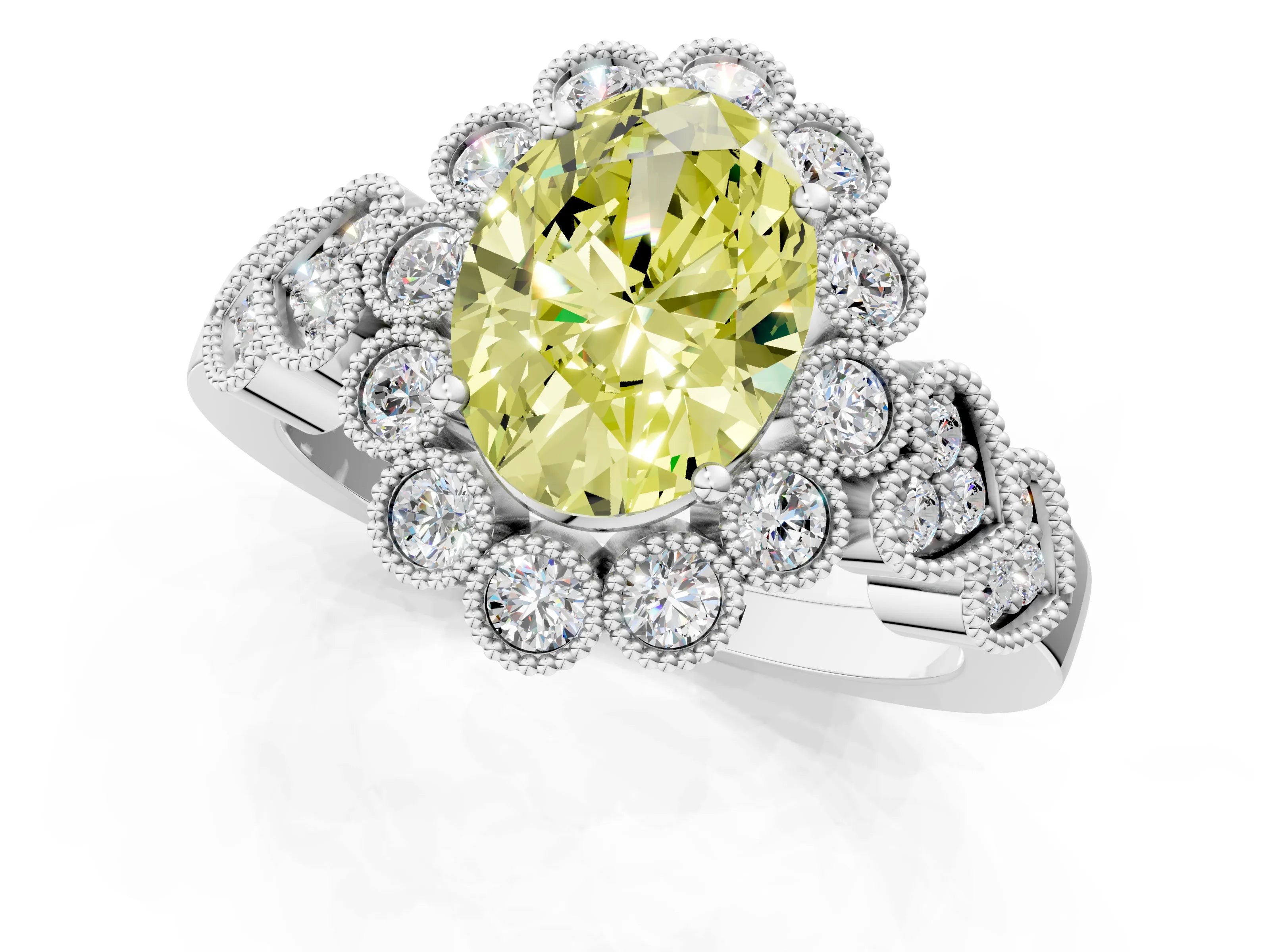 White gold Fancy Yellow Oval Cut Brilliant Milgrain Pave Heart Band Solitaire Ring_13