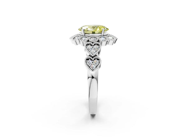 Platinum Fancy Yellow Oval Cut Brilliant Milgrain Pave Heart Band Solitaire Ring