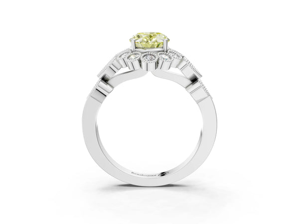Platinum Fancy Yellow Oval Cut Brilliant Milgrain Pave Heart Band Solitaire Ring