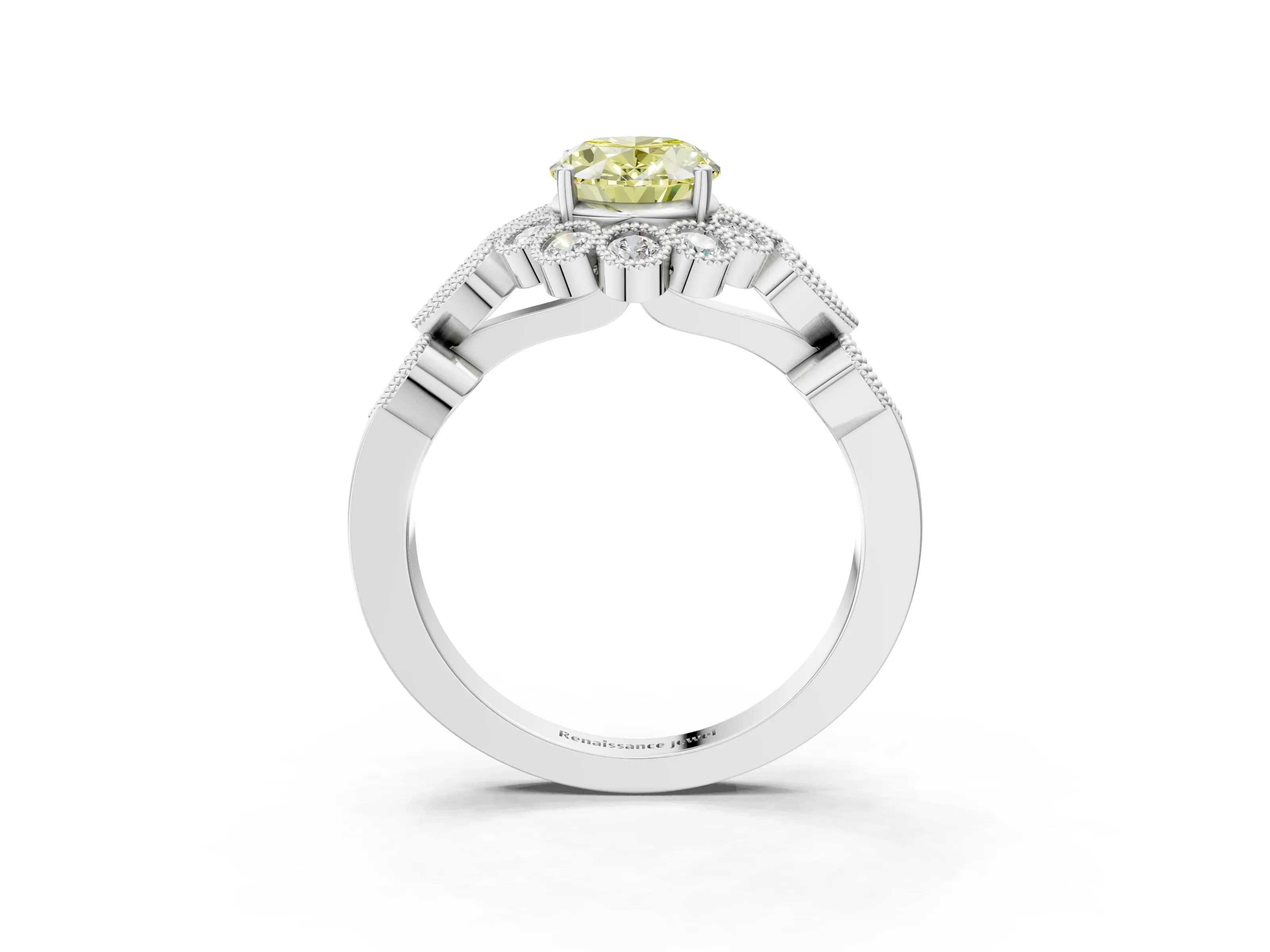 White gold Fancy Yellow Oval Cut Brilliant Milgrain Pave Heart Band Solitaire Ring_15