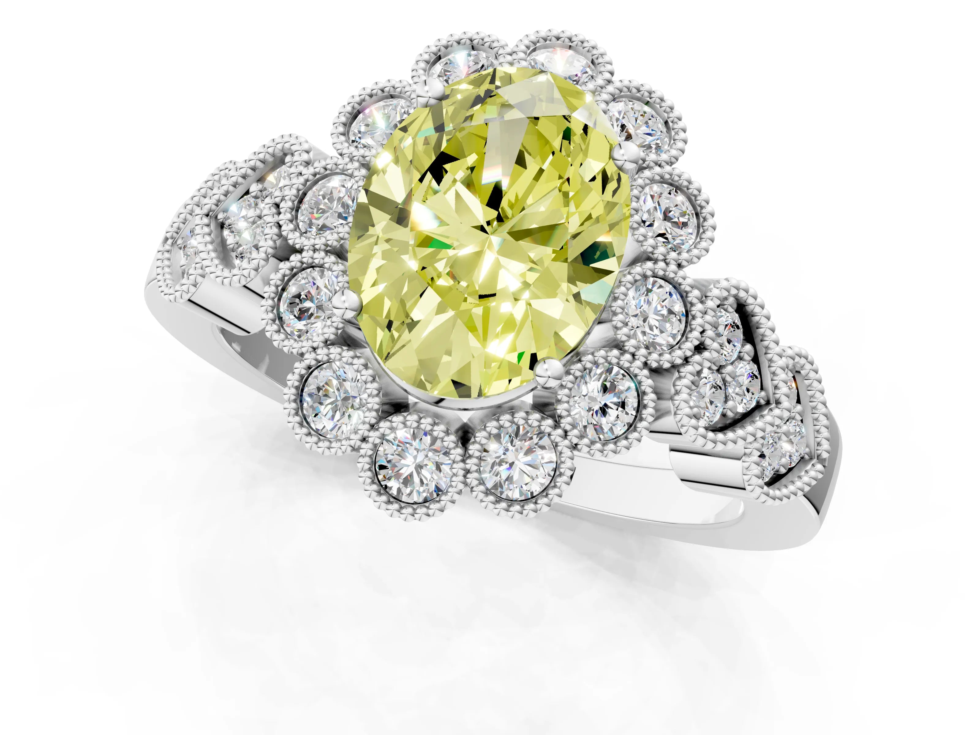 White gold Fancy Yellow Oval Cut Brilliant Milgrain Pave Heart Band Solitaire Ring_1