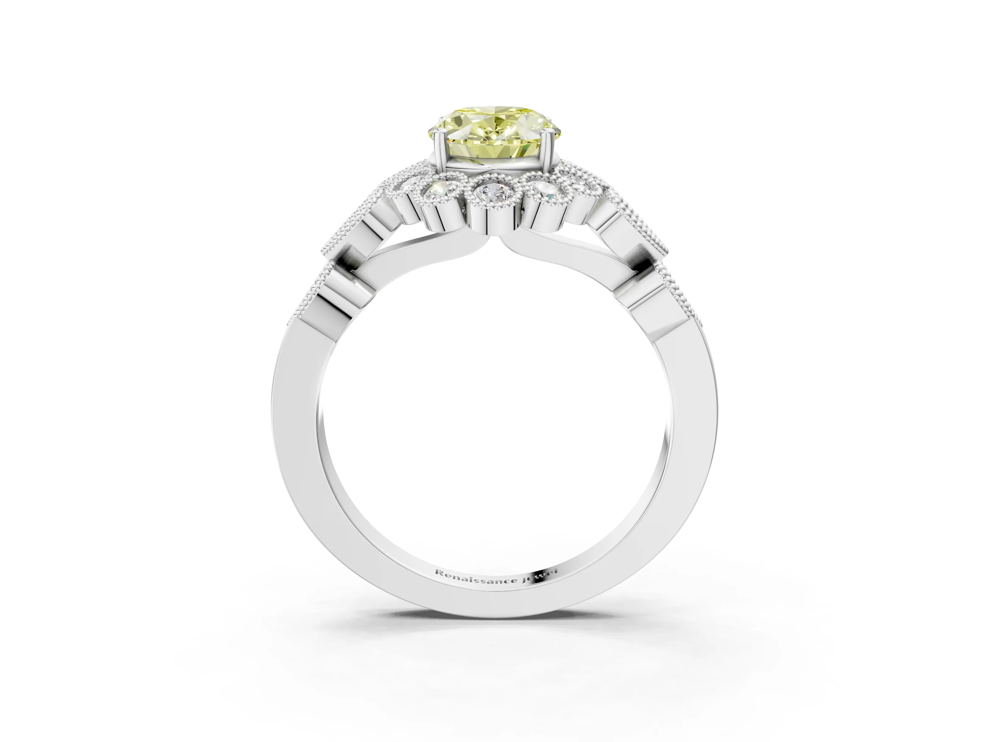 White gold Fancy Yellow Oval Cut Brilliant Milgrain Pave Heart Band Solitaire Ring_3