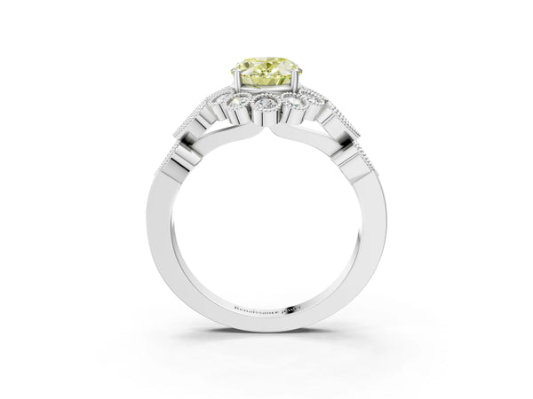 Platinum Fancy Yellow Oval Cut Brilliant Milgrain Pave Heart Band Solitaire Ring