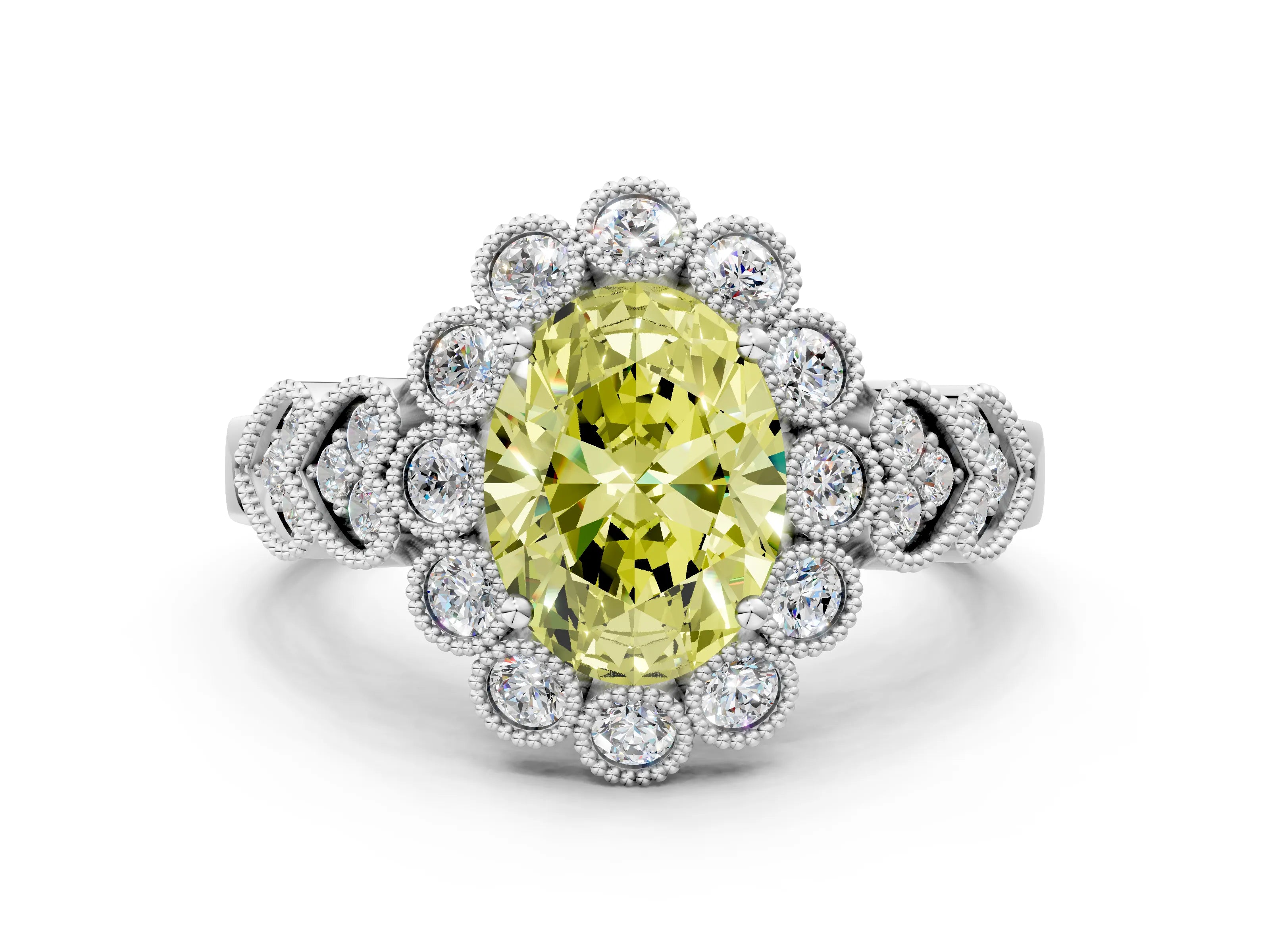 White gold Fancy Yellow Oval Cut Brilliant Milgrain Pave Heart Band Solitaire Ring