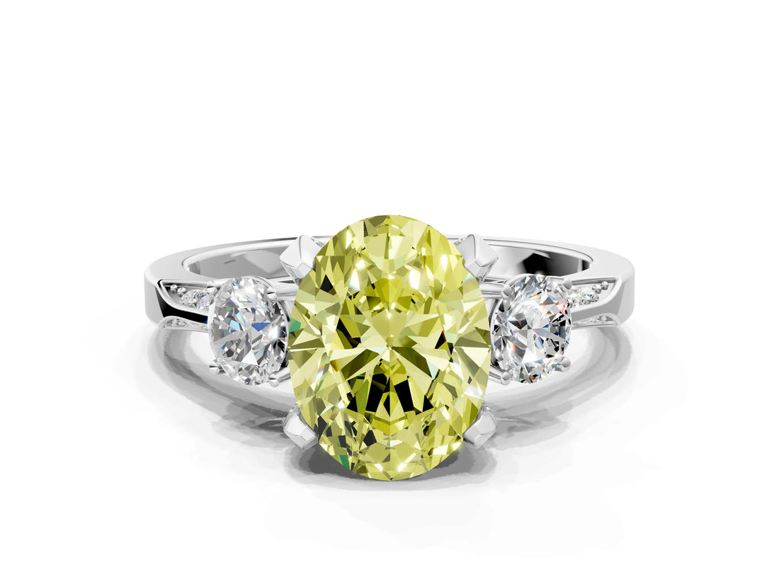 White gold Fancy Yellow Oval Cut Brilliant Three-Stone Diamond Ring with Pavé Band and Four-Prong Setting_15