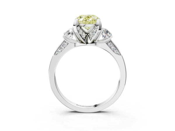 White gold Fancy Yellow Oval Cut Brilliant Three-Stone Diamond Ring with Pavé Band and Four-Prong Setting