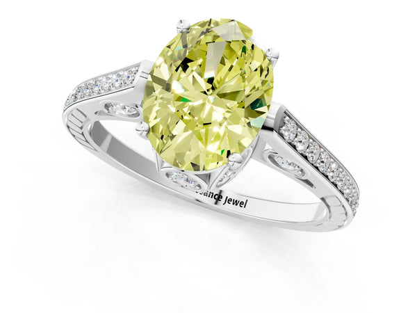 Platinum Fancy Yellow Oval  Cut Cathedral Pave Diamond Engagement Ring with Six-Prong Setting