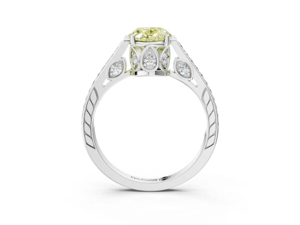 Platinum Fancy Yellow Oval  Cut Cathedral Pave Diamond Engagement Ring with Six-Prong Setting
