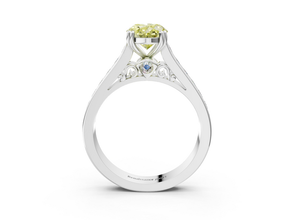 Platinum Fancy Yellow Oval  Cut Channel Set Solitaire Engagement Ring with Prong Setting