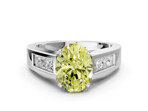 White gold Fancy Yellow Oval Cut Cut Channel Set Solitaire Ring with Four-Prong Setting
