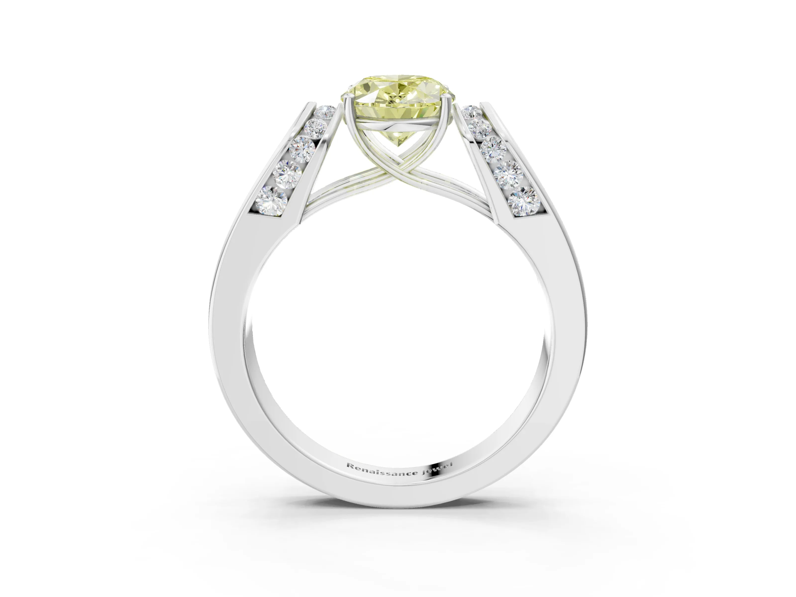 White gold Fancy Yellow Oval Cut Cut Diamond Channel Set Solitaire Ring with Four-Prong Setting_123