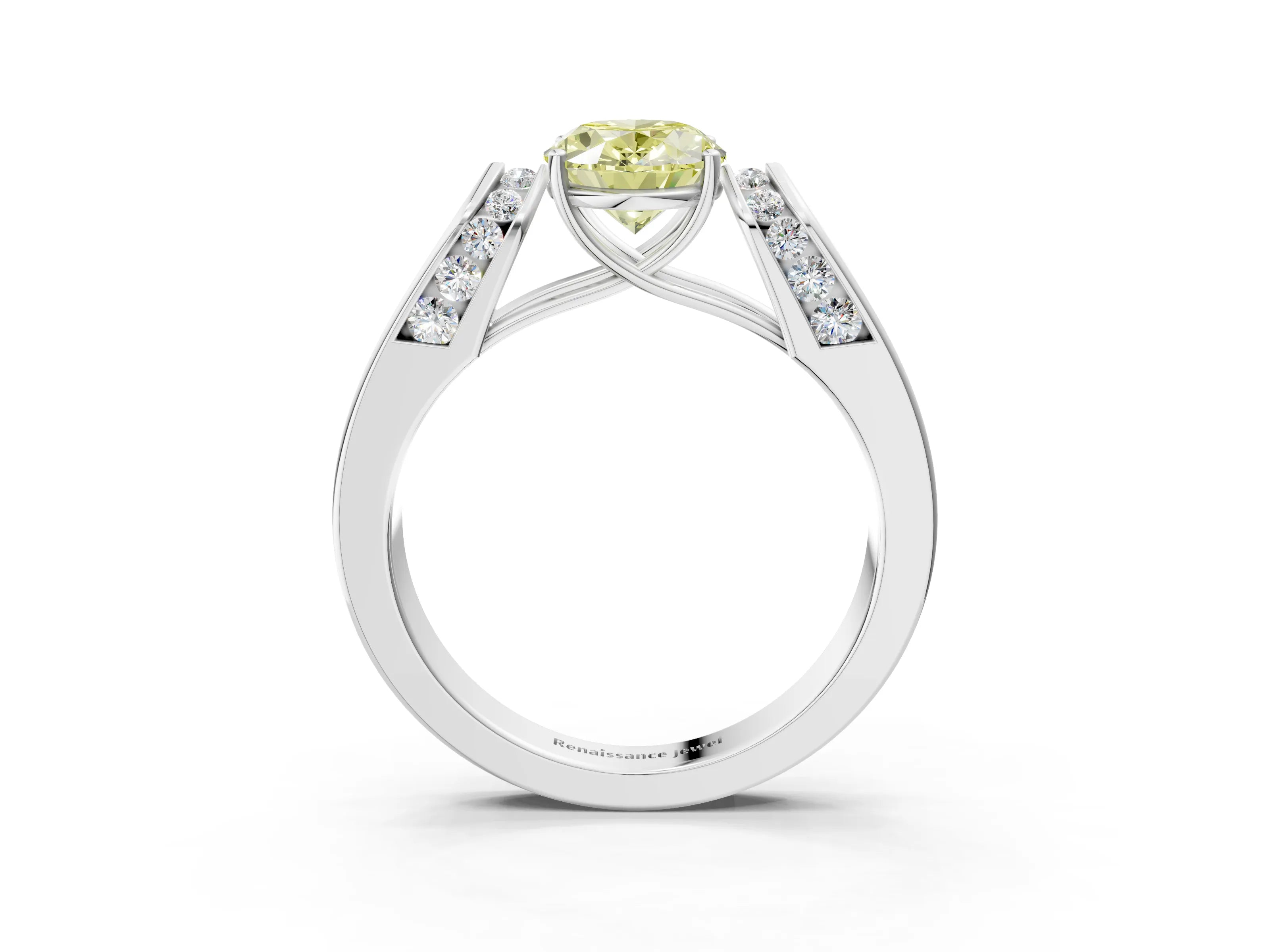White gold Fancy Yellow Oval Cut Cut Diamond Channel Set Solitaire Ring with Four-Prong Setting_3