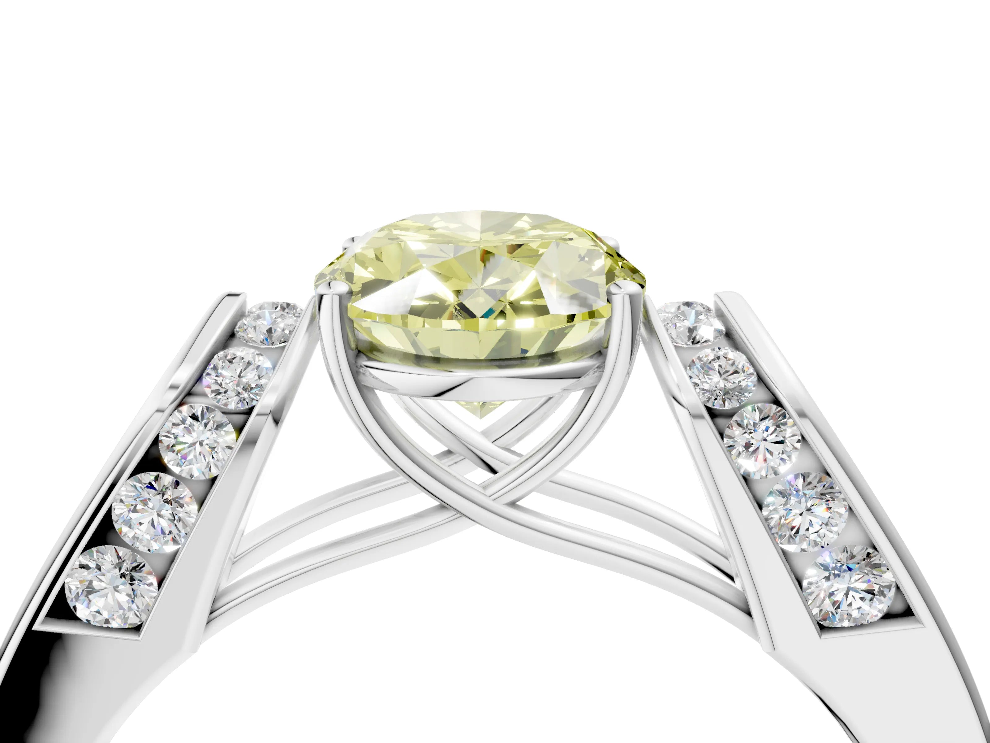 White gold Fancy Yellow Oval Cut Cut Diamond Channel Set Solitaire Ring with Four-Prong Setting_4