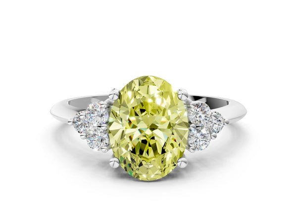 White gold Fancy Yellow Oval Cut Cut Diamond Cluster Ring with Solitaire Band and Four-Prong Setting
