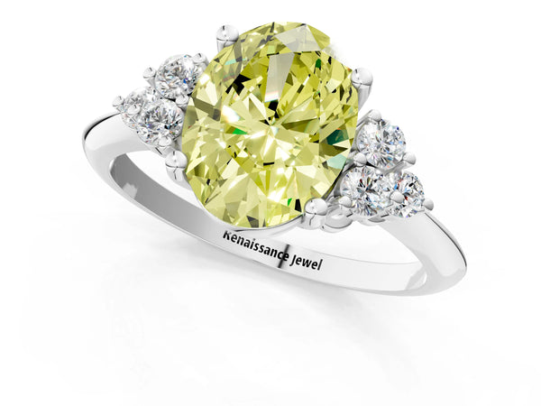 White gold Fancy Yellow Oval Cut Cut Diamond Cluster Ring with Solitaire Band and Four-Prong Setting