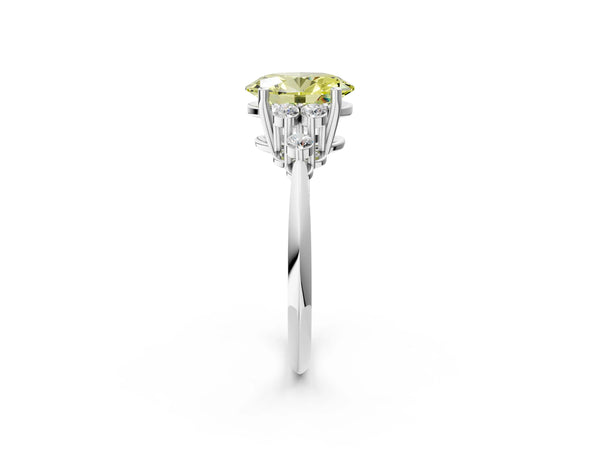 White gold Fancy Yellow Oval Cut Cut Diamond Cluster Ring with Solitaire Band and Four-Prong Setting
