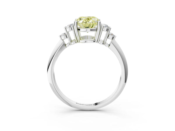 White gold Fancy Yellow Oval Cut Cut Diamond Cluster Ring with Solitaire Band and Four-Prong Setting