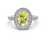 White gold Fancy Yellow Oval Cut-Cut Diamond Halo Engagement Ring with Pave Band and Prong Setting