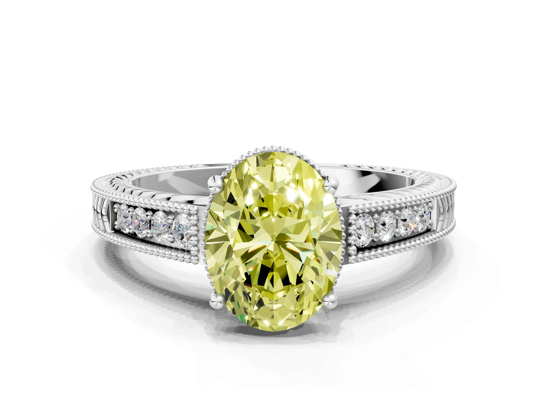 White gold Fancy Yellow Oval Cut Cut Diamond Milgrain Pave Band Four-Prong Setting Ring_15