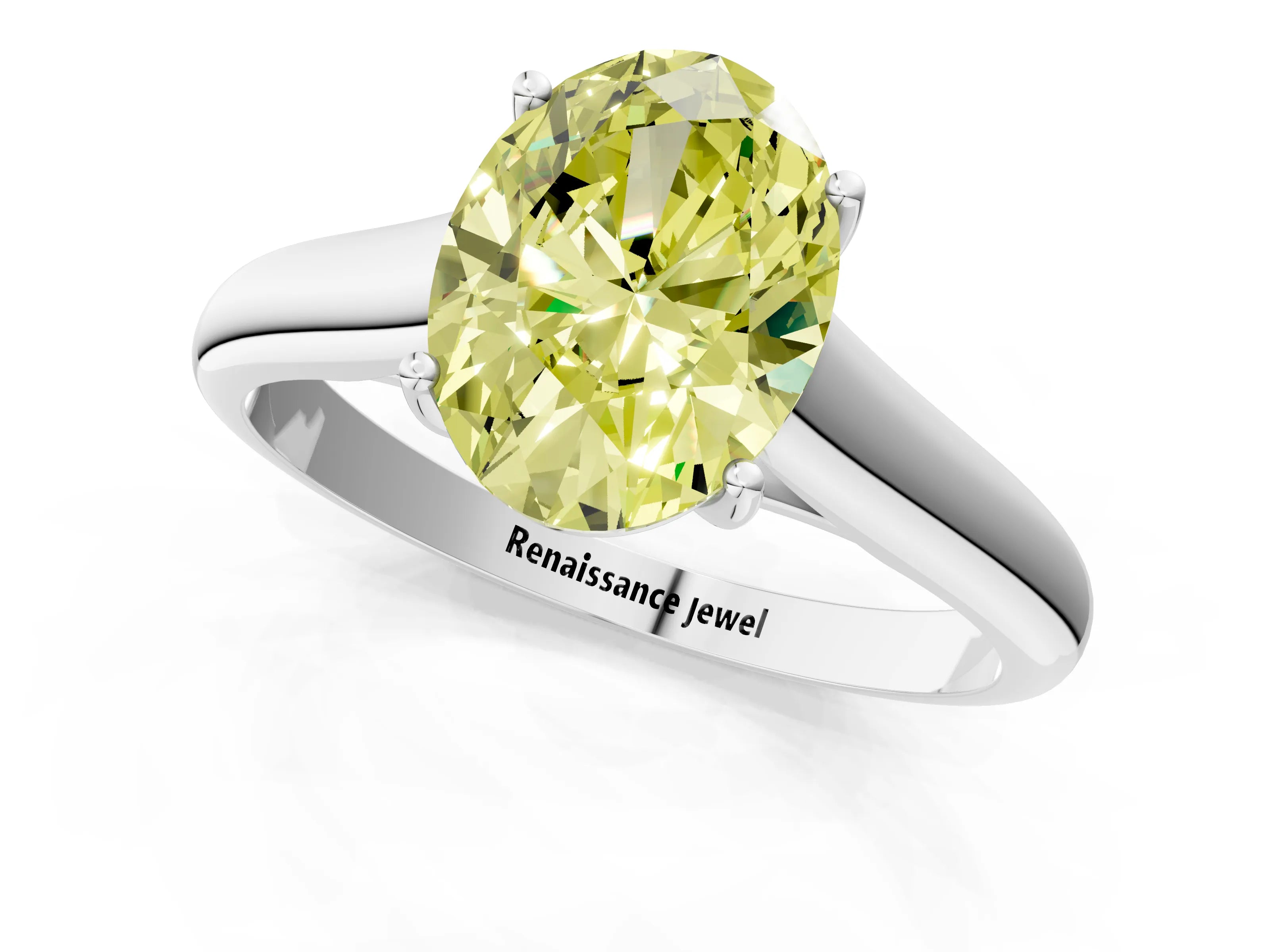 White gold Fancy Yellow Oval Cut Cut Diamond Solitaire Engagement Ring with Tapered Plain Band and Four-Prong Setting_13