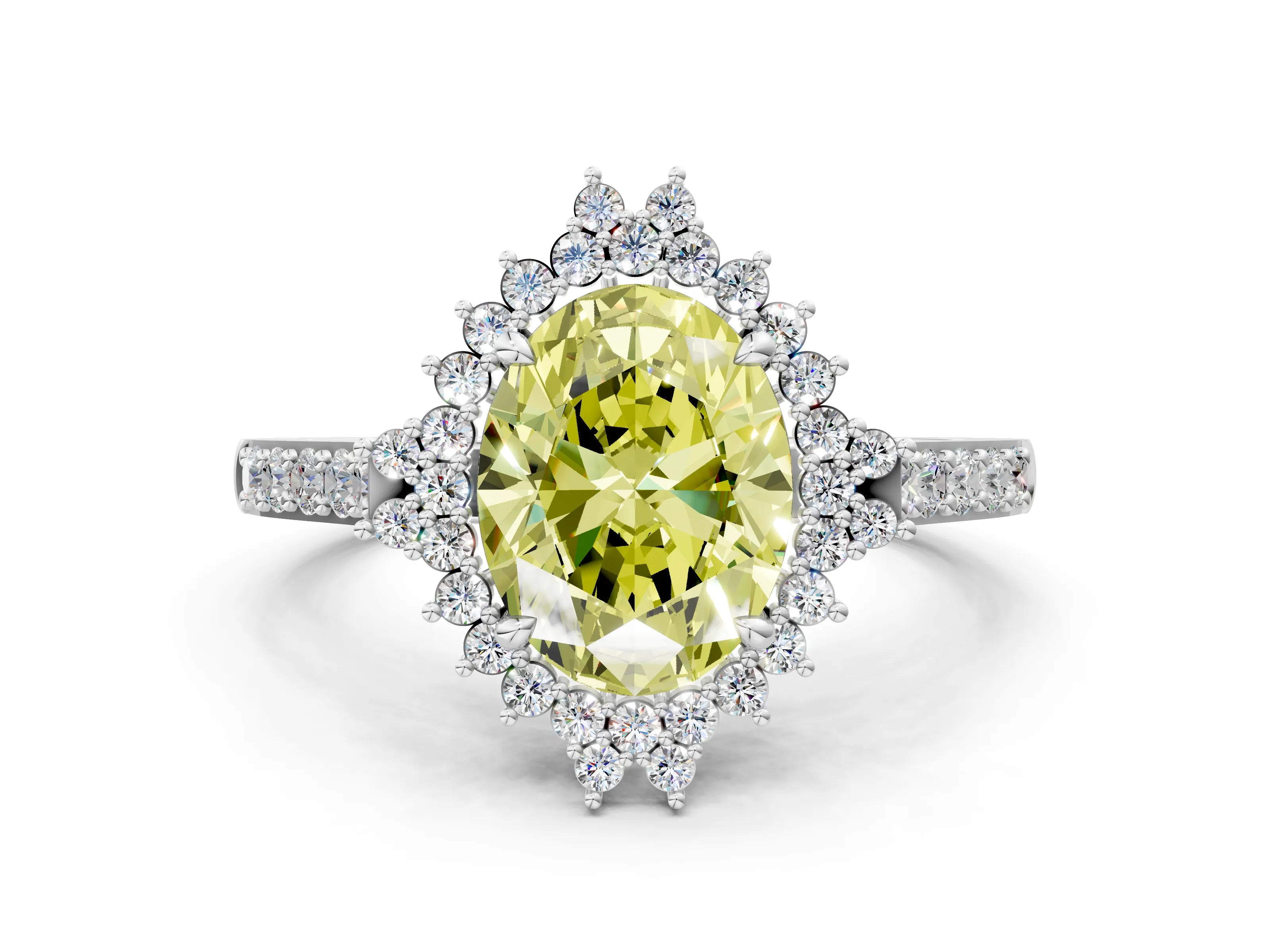 White gold Fancy Yellow Oval Cut Cut Diamond Sunburst Halo Engagement Ring with Pavé Band_11