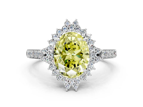 White gold Fancy Yellow Oval Cut Cut Diamond Sunburst Halo Engagement Ring with Pavé Band_11