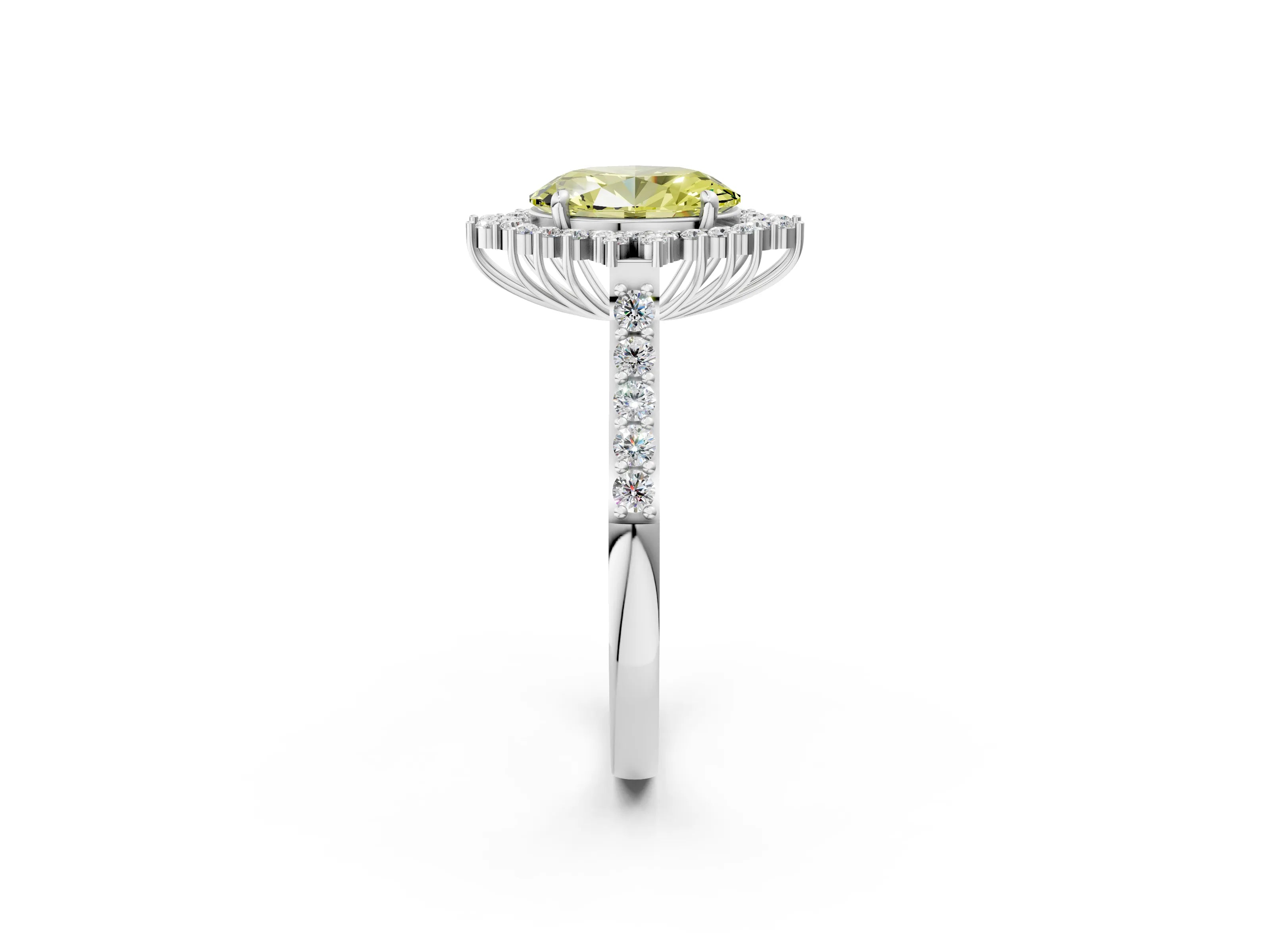 White gold Fancy Yellow Oval Cut Cut Diamond Sunburst Halo Engagement Ring with Pavé Band_13