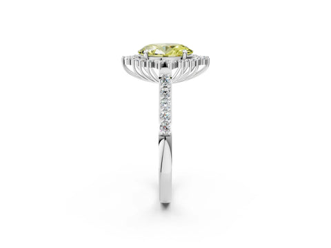 White gold Fancy Yellow Oval Cut Cut Diamond Sunburst Halo Engagement Ring with Pavé Band_13