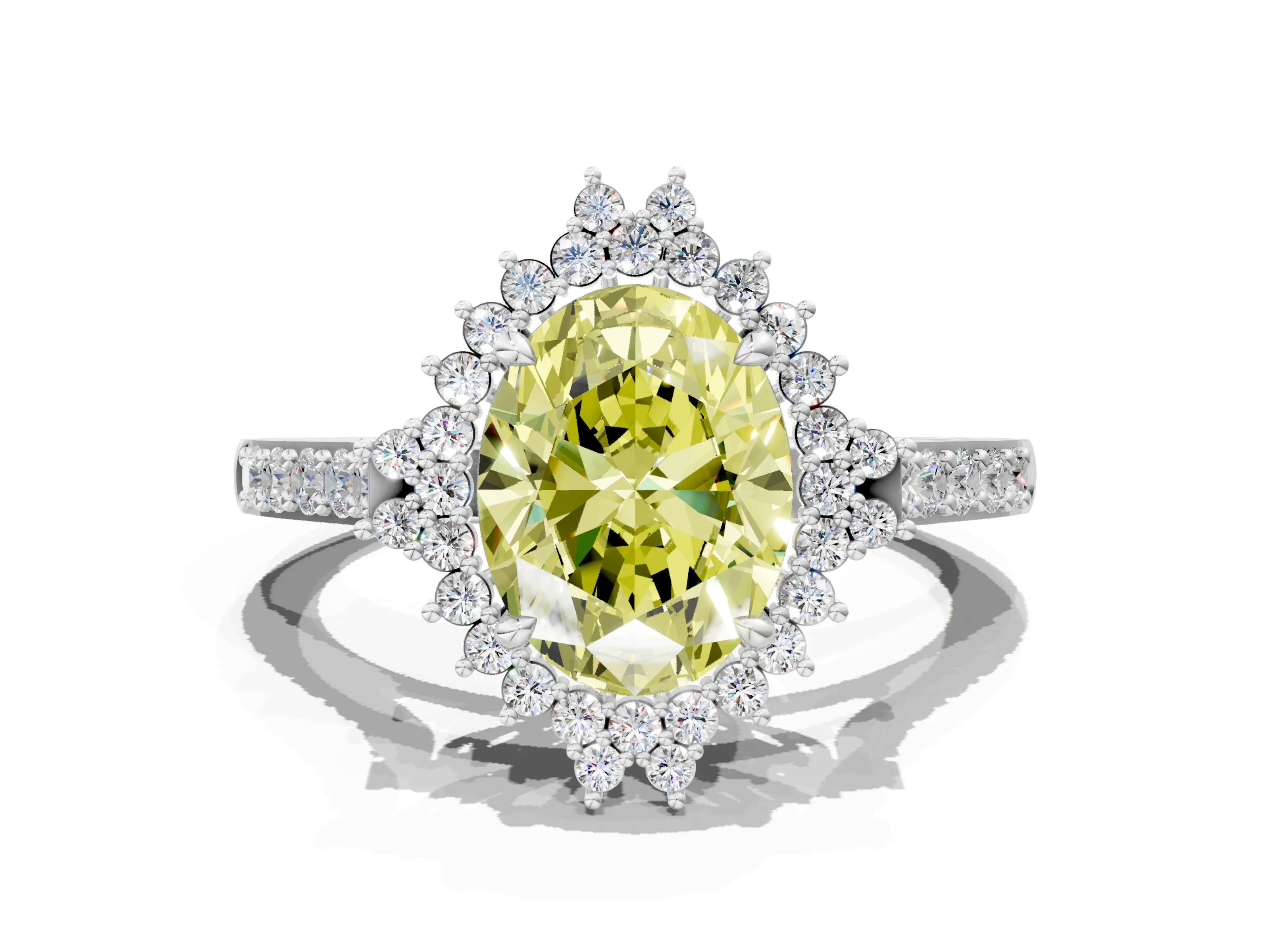 White gold Fancy Yellow Oval Cut Cut Diamond Sunburst Halo Engagement Ring with Pavé Band_18