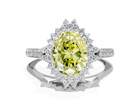 White gold Fancy Yellow Oval Cut Cut Diamond Sunburst Halo Engagement Ring with Pavé Band_18