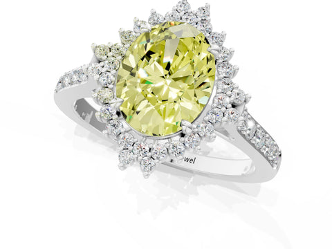 White gold Fancy Yellow Oval Cut Cut Diamond Sunburst Halo Engagement Ring with Pavé Band_19