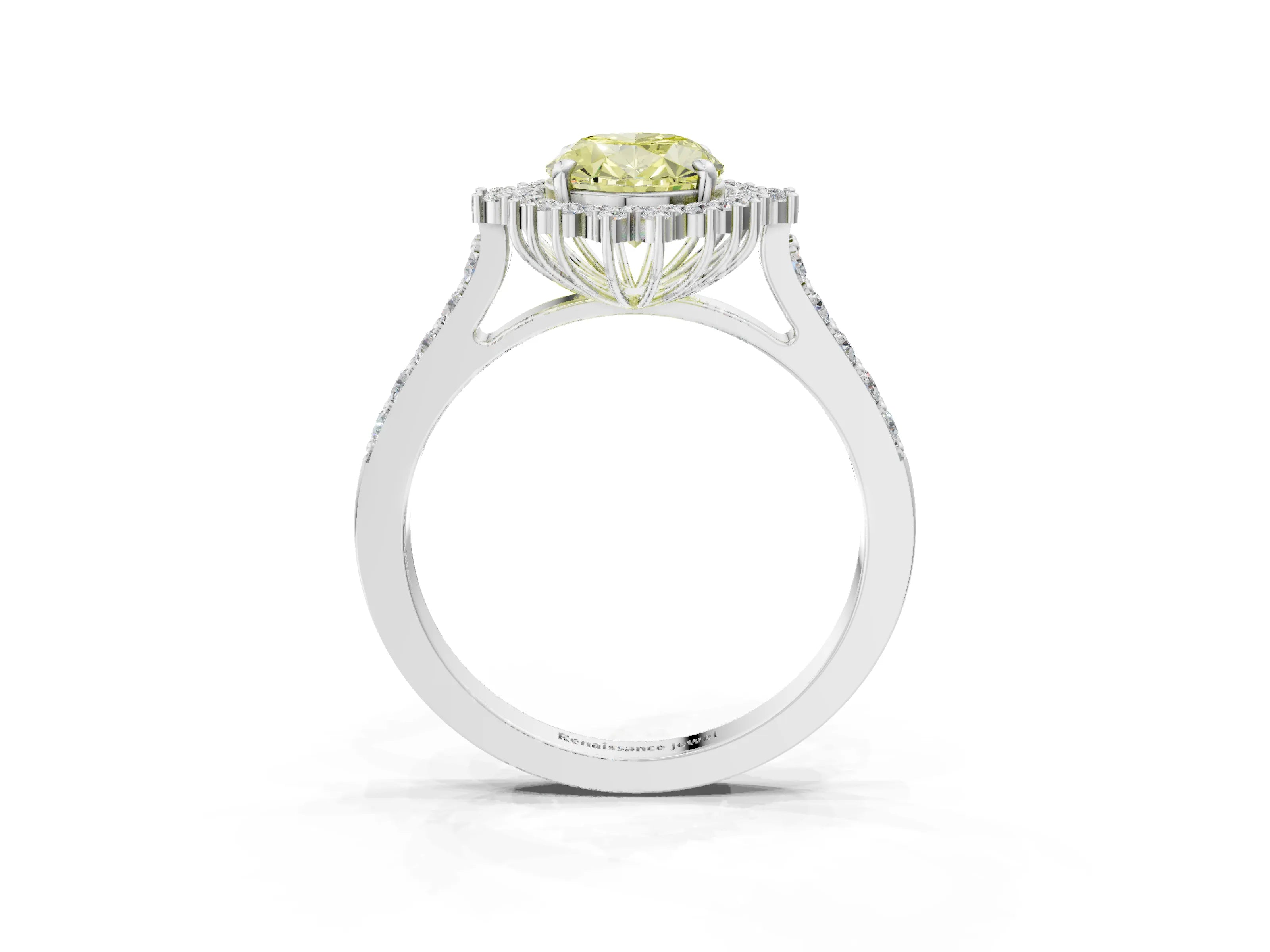 White gold Fancy Yellow Oval Cut Cut Diamond Sunburst Halo Engagement Ring with Pavé Band_21