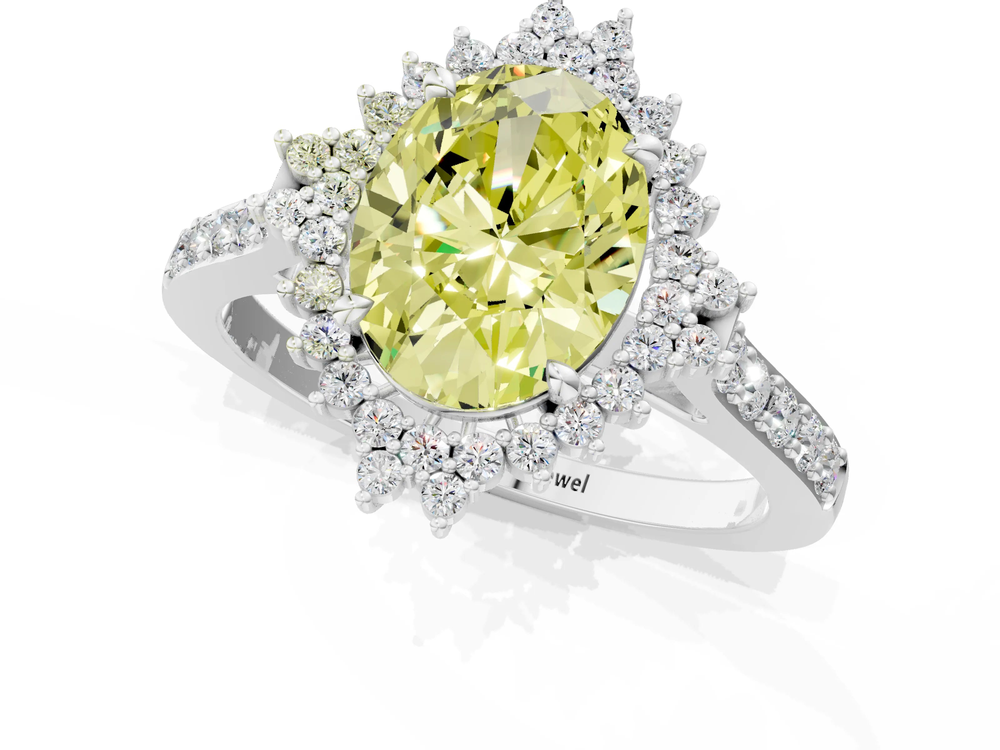 White gold Fancy Yellow Oval Cut Cut Diamond Sunburst Halo Engagement Ring with Pavé Band_24