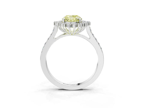 White gold Fancy Yellow Oval Cut Cut Diamond Sunburst Halo Engagement Ring with Pavé Band_26