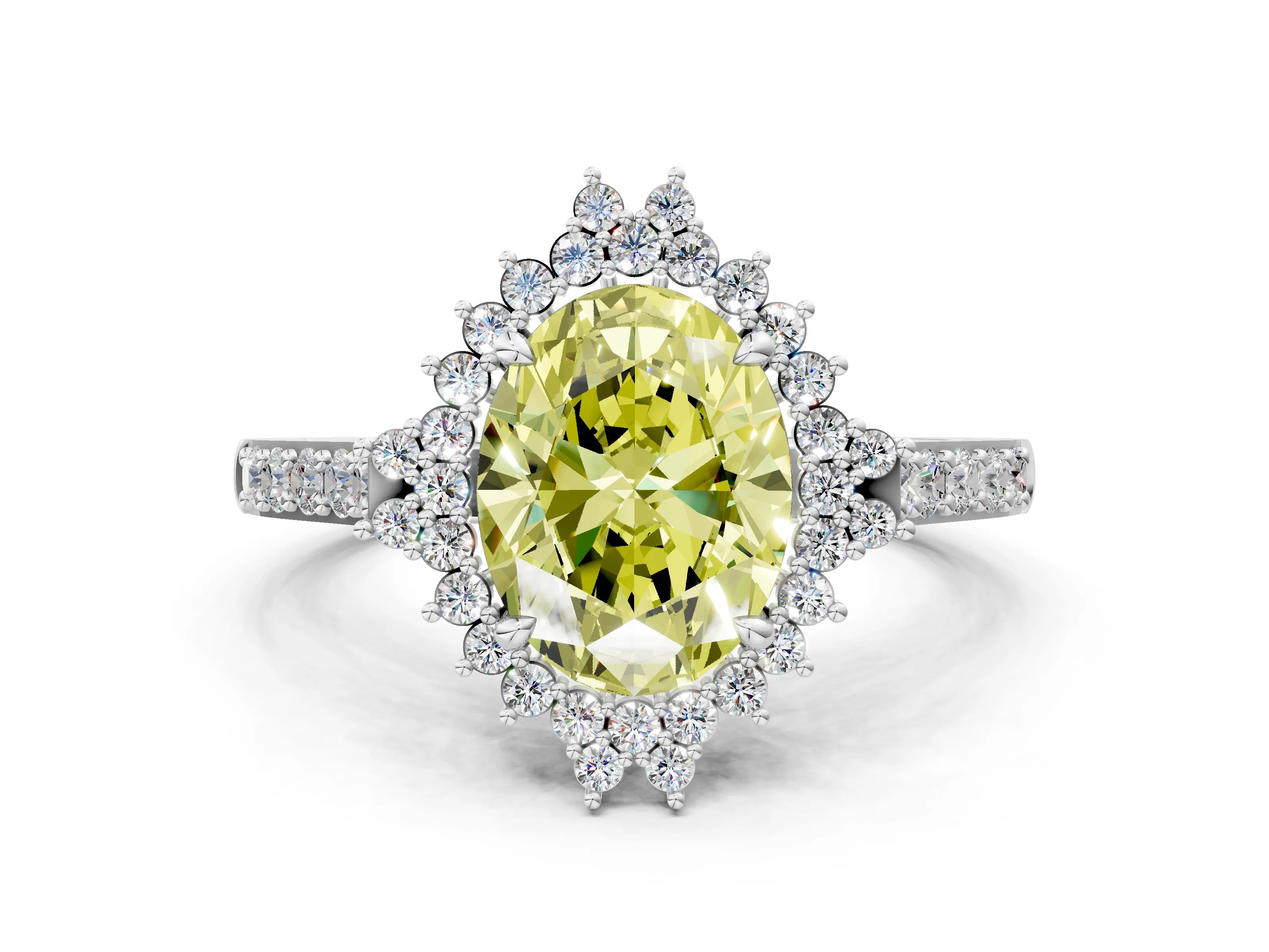 White gold Fancy Yellow Oval Cut Cut Diamond Sunburst Halo Engagement Ring with Pavé Band_30