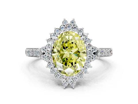 White gold Fancy Yellow Oval Cut Cut Diamond Sunburst Halo Engagement Ring with Pavé Band_30