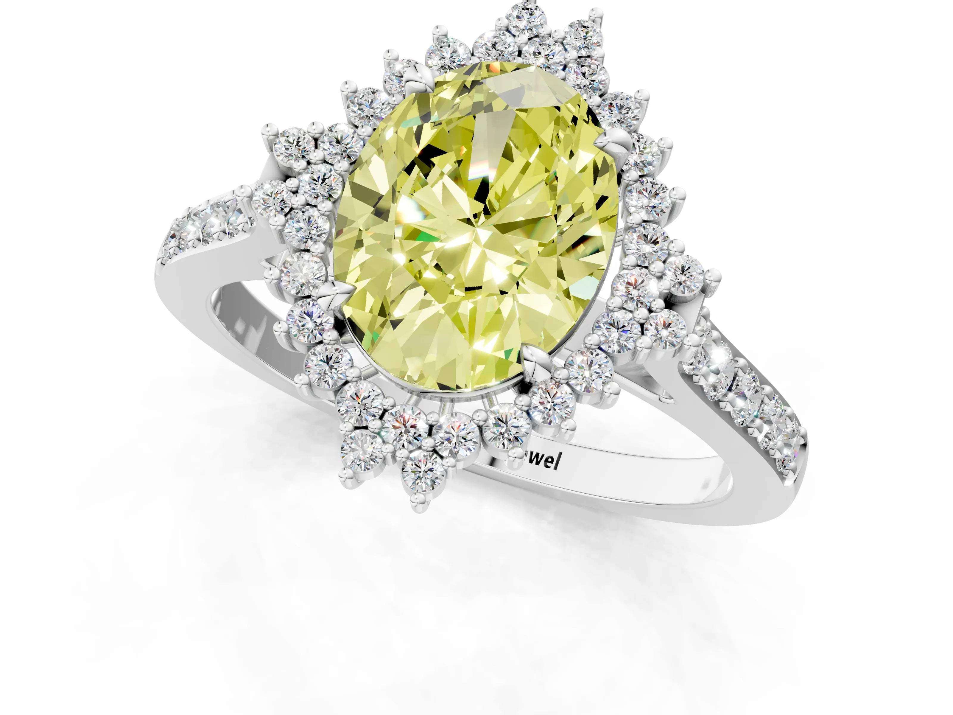 White gold Fancy Yellow Oval Cut Cut Diamond Sunburst Halo Engagement Ring with Pavé Band_31
