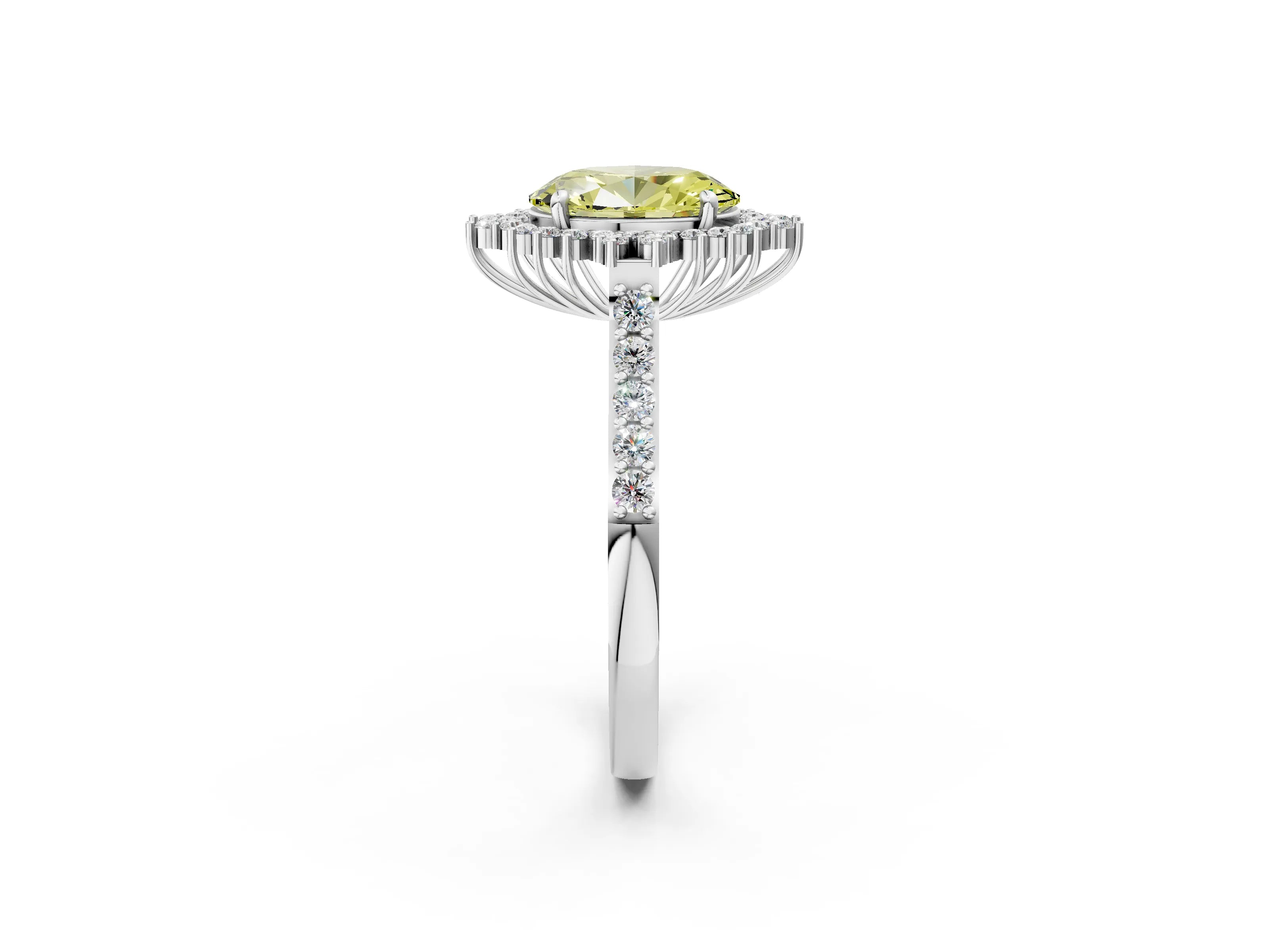 White gold Fancy Yellow Oval Cut Cut Diamond Sunburst Halo Engagement Ring with Pavé Band_32