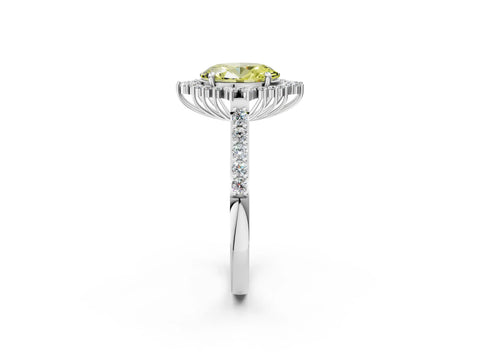 White gold Fancy Yellow Oval Cut Cut Diamond Sunburst Halo Engagement Ring with Pavé Band_32