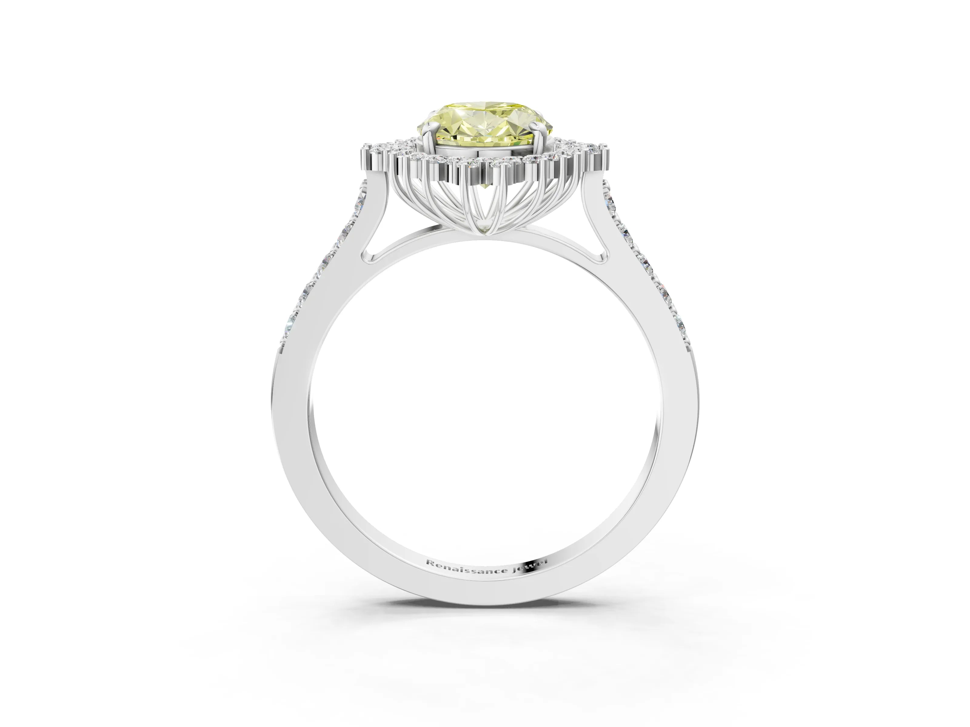 White gold Fancy Yellow Oval Cut Cut Diamond Sunburst Halo Engagement Ring with Pavé Band_33