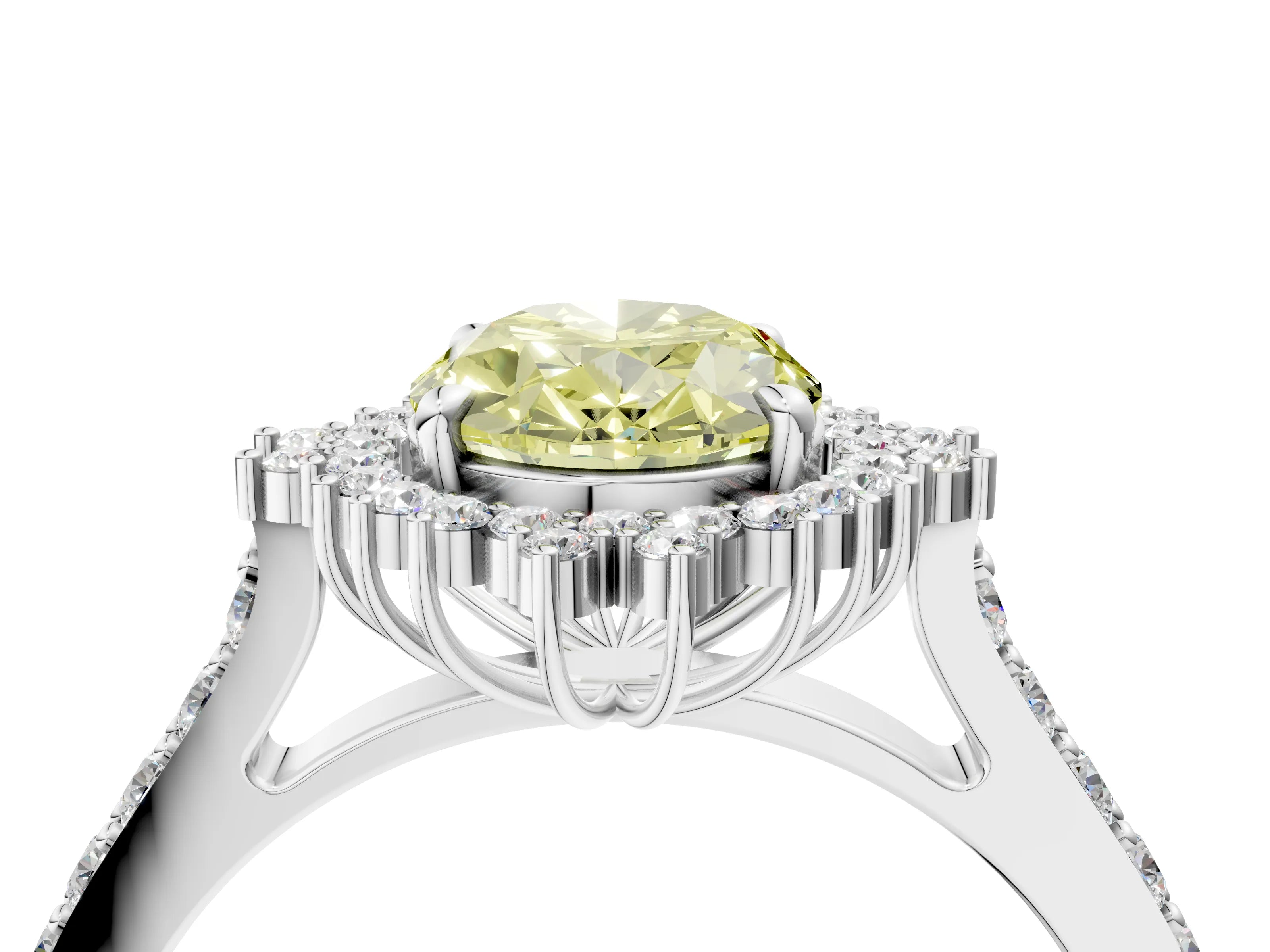 White gold Fancy Yellow Oval Cut Cut Diamond Sunburst Halo Engagement Ring with Pavé Band_34