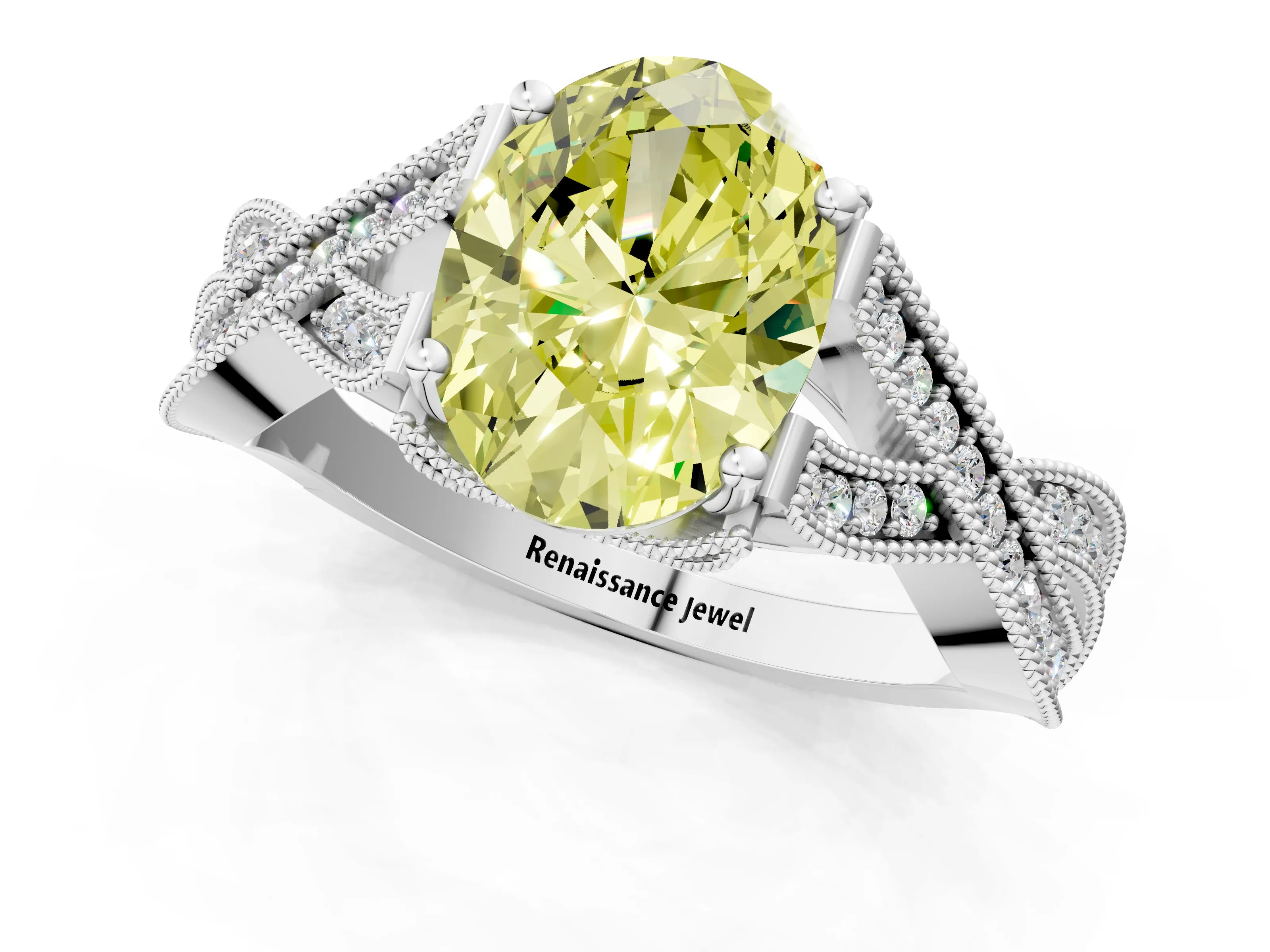 White gold Fancy Yellow Oval Cut Cut Diamond Twisted Band with Milgrain Pave Setting and Four-Prong Setting_1